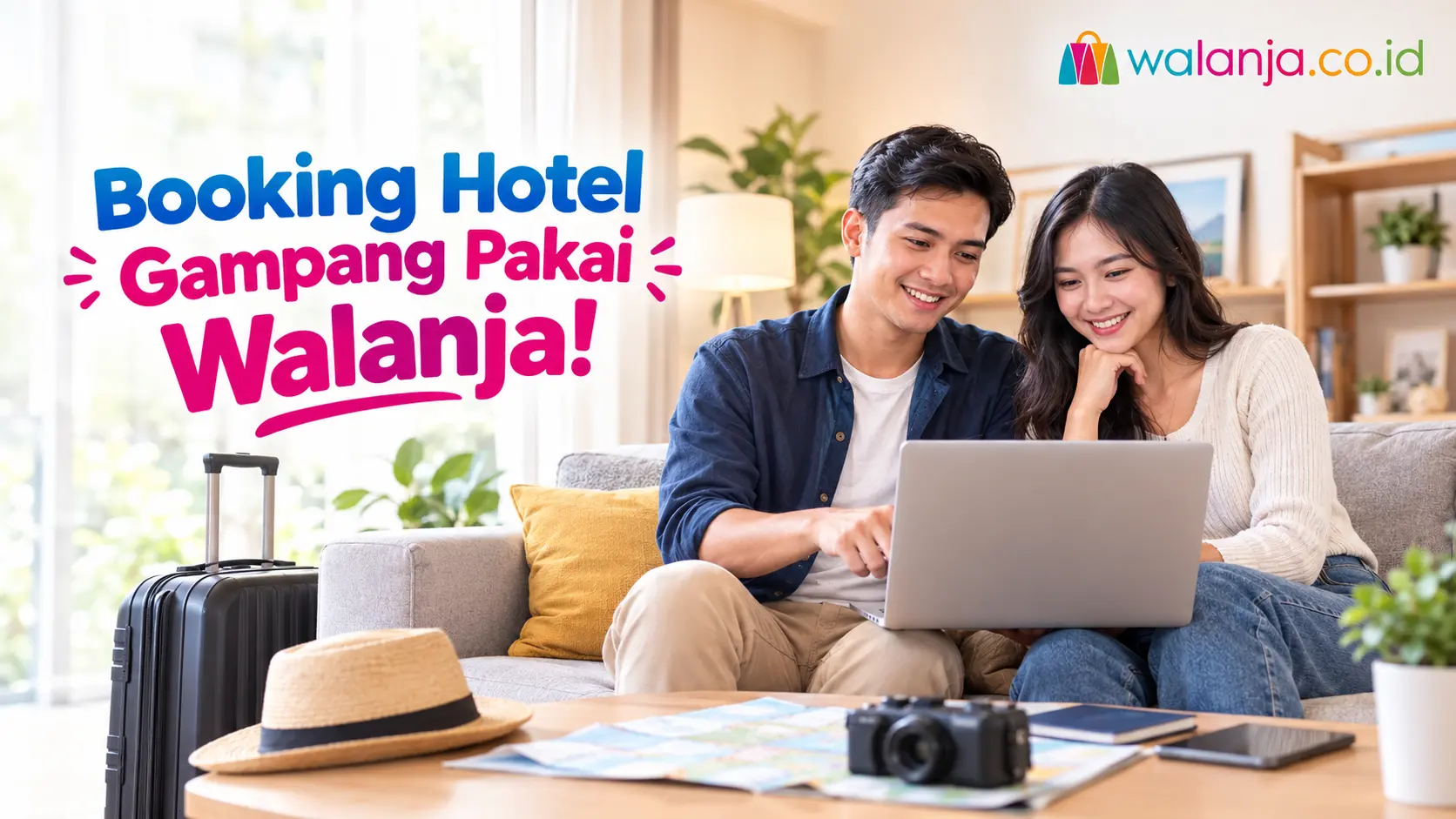Pasangan Indonesia mencari hotel untuk liburan menggunakan laptop bersama Walanja.