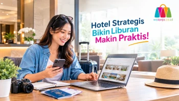 Wisatawan mencari hotel strategis untuk liburan praktis menggunakan laptop.