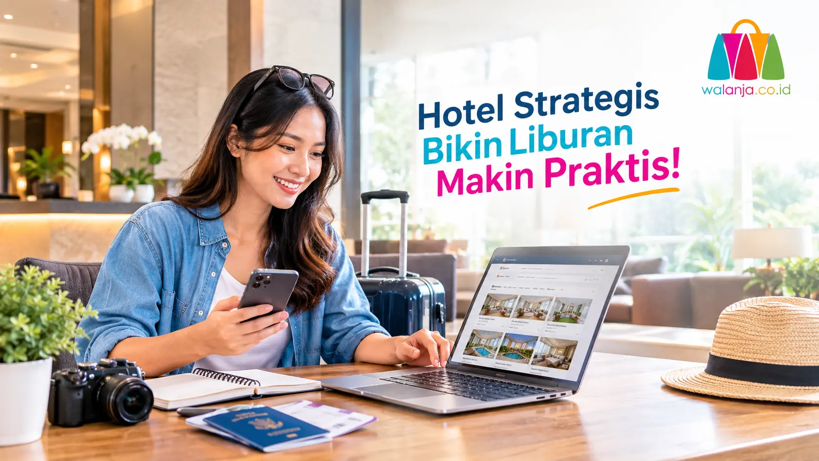 Wisatawan mencari hotel strategis untuk liburan praktis menggunakan laptop.