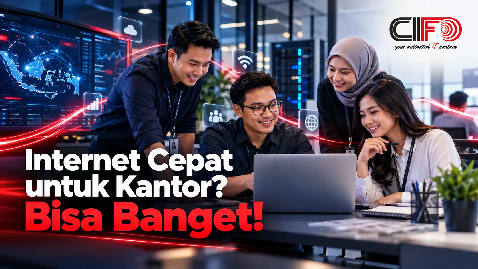Tim kantor menggunakan internet cepat untuk mendukung pekerjaan bisnis
