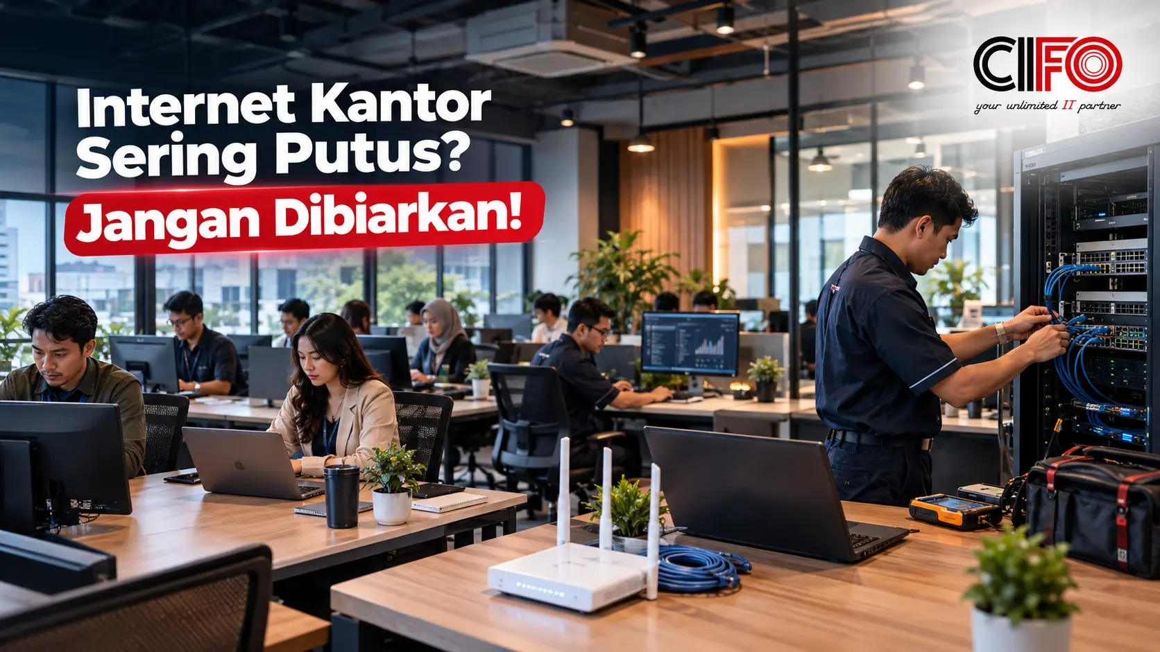Karyawan kantor Indonesia bekerja dengan komputer saat teknisi memeriksa koneksi internet.